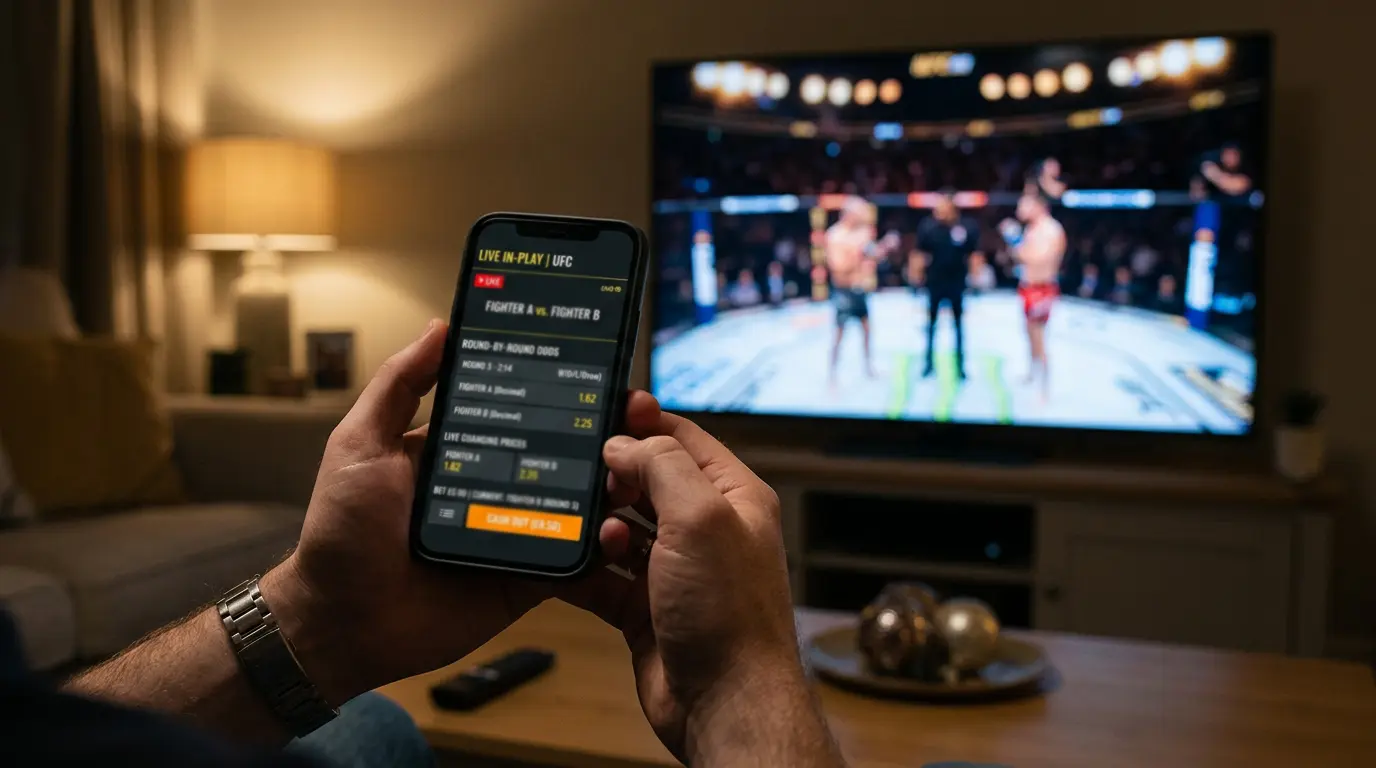 Smartphone showing UFC live in-play betting markets on a UKGC-licensed sportsbook app