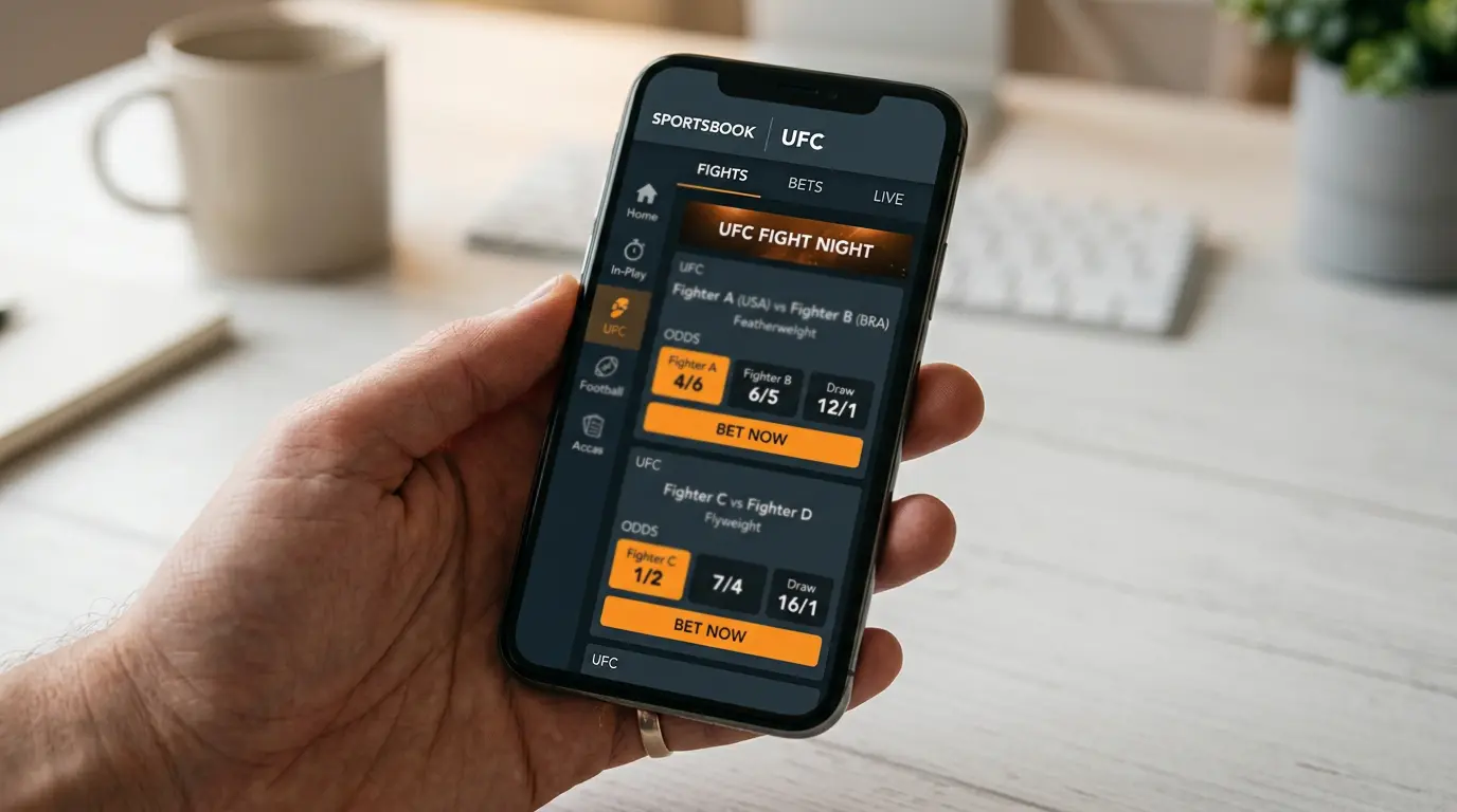UK UFC sportsbook mobile interface showing main-event odds across multiple bookmakers